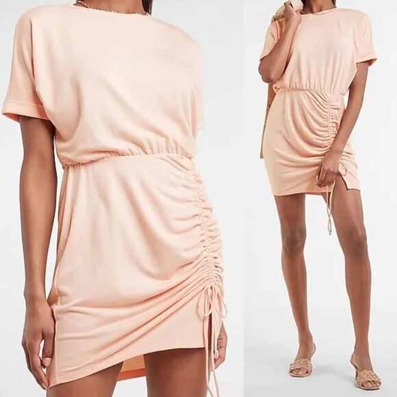 Express Cinched Tie Side Skirt T Shirt Mini Dress Peachy Pink Size Large $60 - Picture 1 of 16